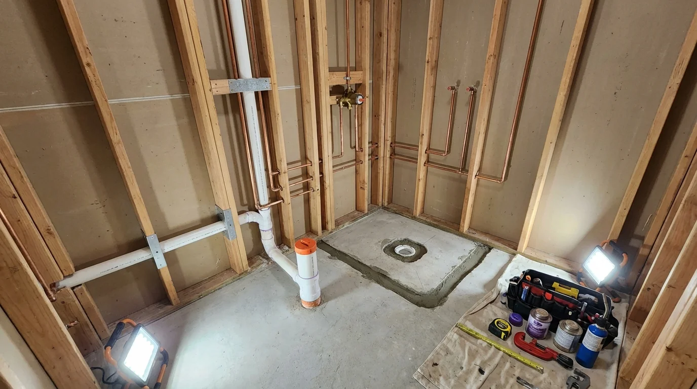 Bathroom rough-in plumbing during remodel by Johns Plumbing LLC in High Bridge