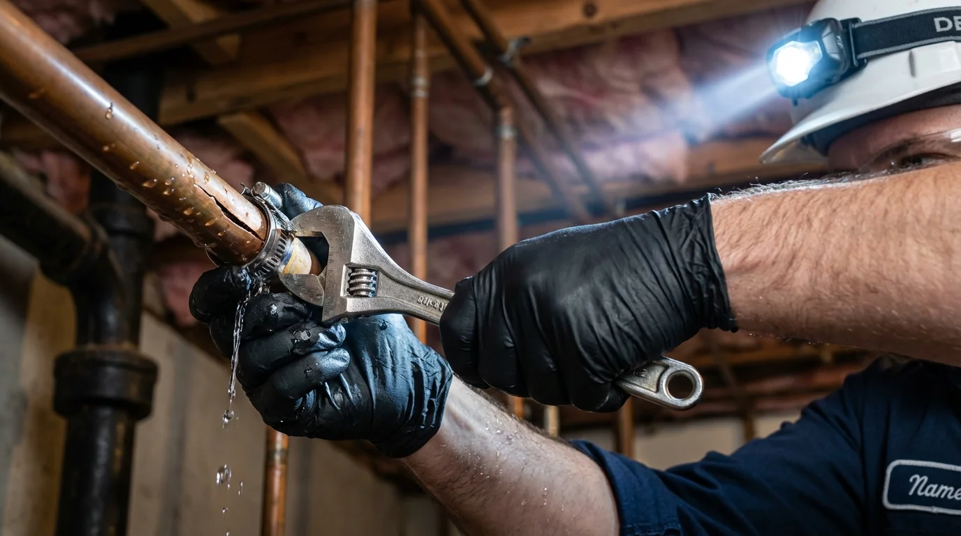 Emergency pipe clamp repair being performed by a Johns Plumbing LLC plumber in High Bridge